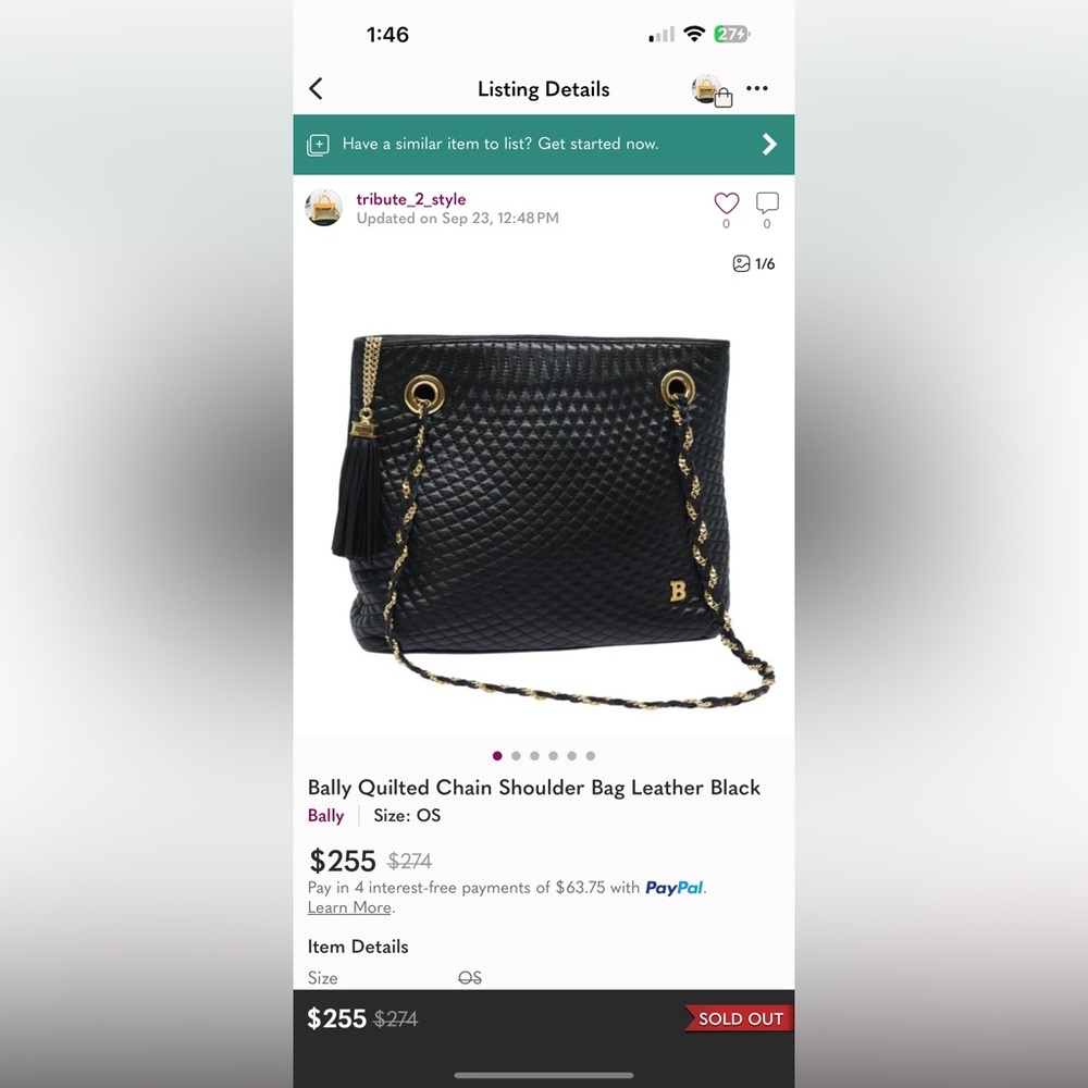 Bally Vintage Black Quilted Gold Tone Hardware Chain Straps Leather Shoulder Bag - Picture 14 of 15